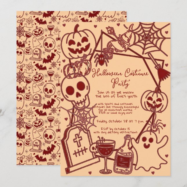 Invitation Fête d'anniversaire avec costume Halloween dessiné (Devant / Derrière)