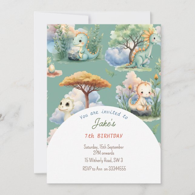 Invitation Fête d'anniversaire avec de mignons dinosaures (Devant)