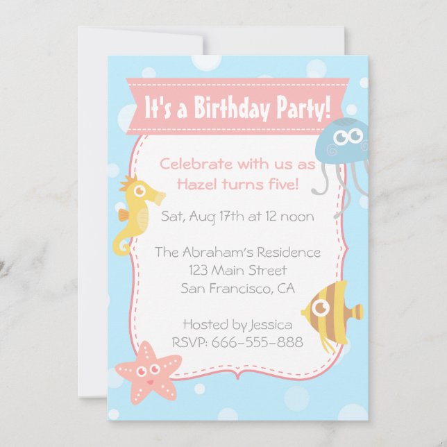 Invitation Fête d'anniversaire avec des animaux sous-marins m (Devant)