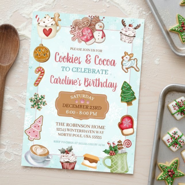 Invitation Fête d'anniversaire avec des cookies de Noël roses (cute cookies and hot cocoa christmas birthday party exchange invitations)