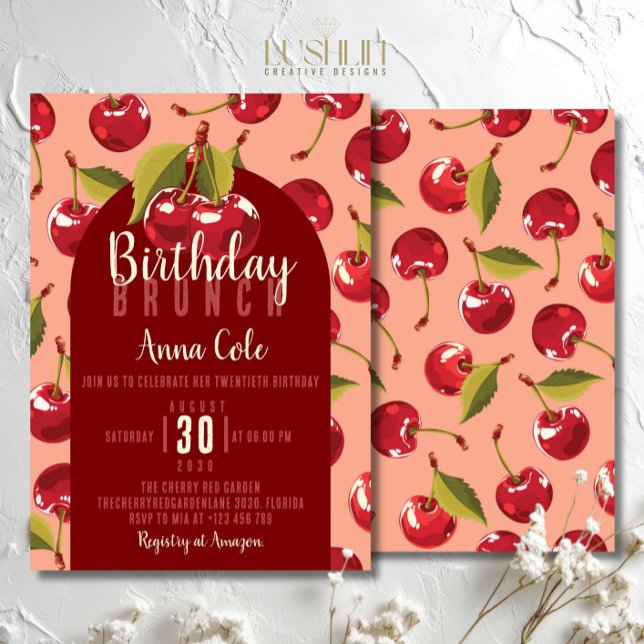 Invitation Fête d'anniversaire avec des fruits de cerise roug (Créateur téléchargé)