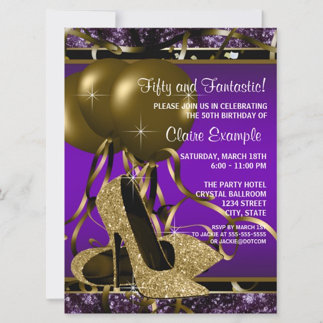 Invitation Fête d'anniversaire avec des talons hauts violets  (Devant)