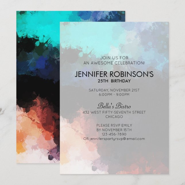 Invitation Fête d'anniversaire avec éclaboussures de peinture (Devant / Derrière)