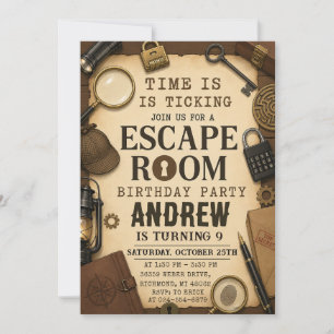 Invitation Fête d'anniversaire avec escape room mystère perso