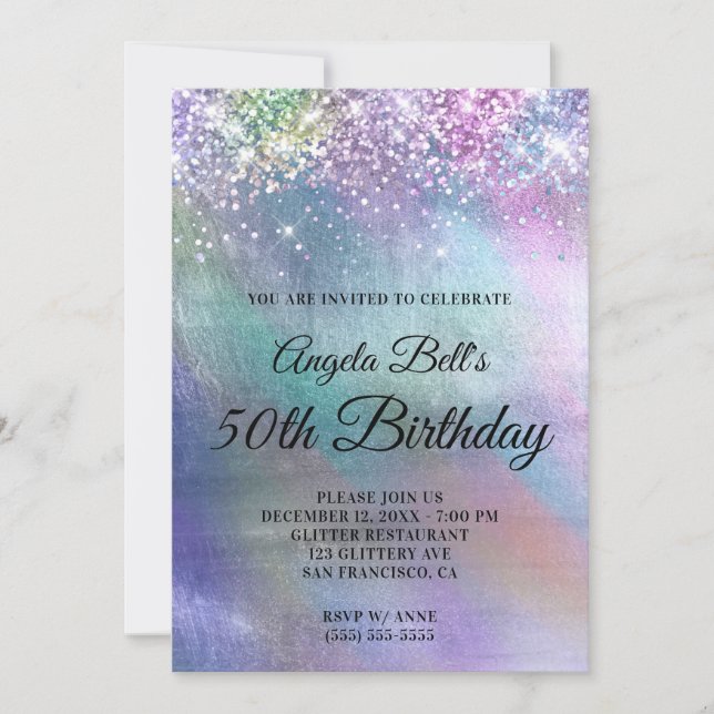 Invitation Fête d'anniversaire avec feuille iridescente et pa (Devant)