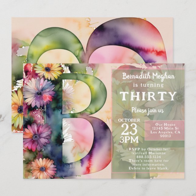 Invitation Fête d'anniversaire avec fleurs aquarelles colorée (Devant / Derrière)
