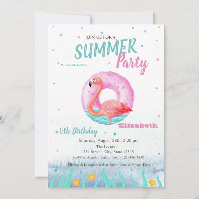Invitation Fête d'anniversaire avec flotteur de piscine flama (Devant)