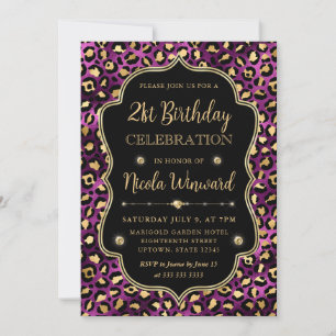 Invitation Fête d'anniversaire avec imprimé léopard or et vio