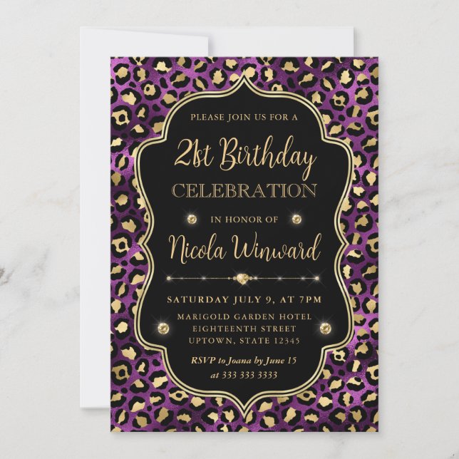 Invitation Fête d'anniversaire avec imprimé léopard or et vio (Devant)