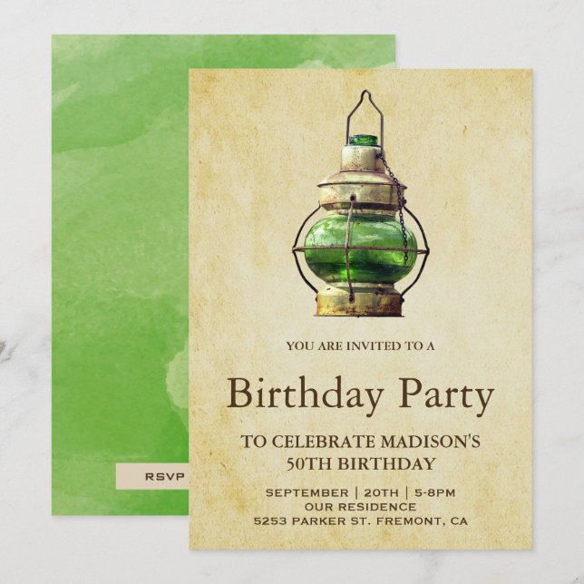 Invitation Fête d'anniversaire avec lanterne verte rustique v (Devant / Derrière)