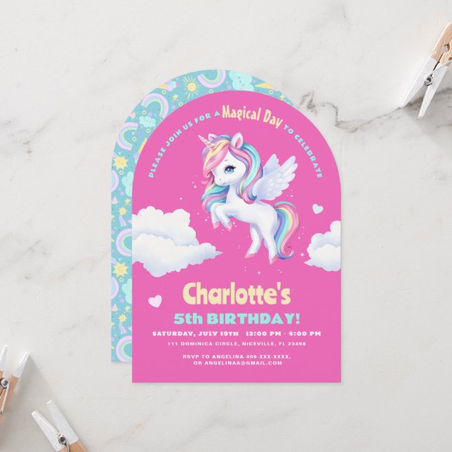 Invitation fête d'anniversaire avec licorne. (Devant/Arrière en situation)