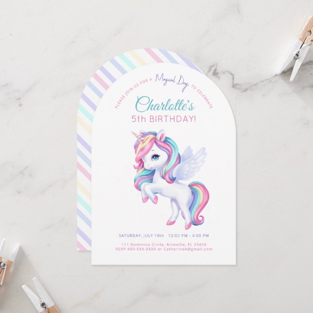 Invitation fête d'anniversaire avec licorne. (Devant/Arrière en situation)