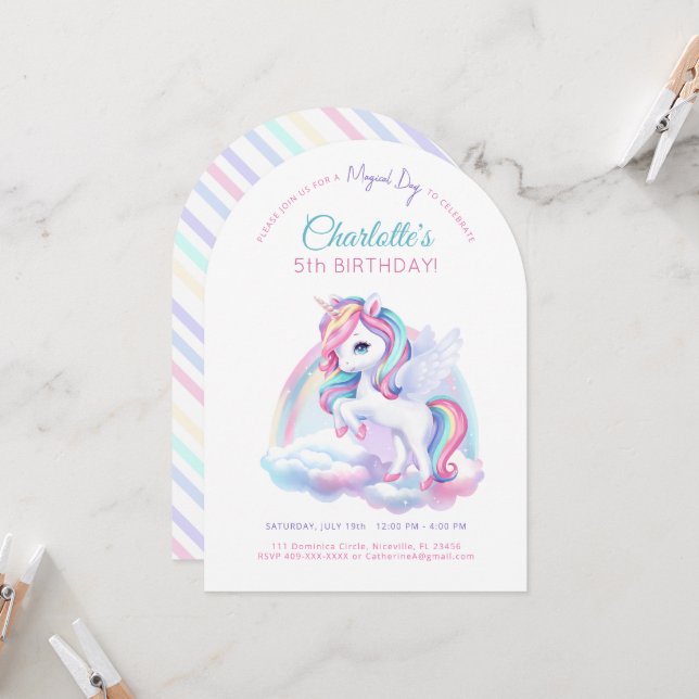 Invitation fête d'anniversaire avec licorne. (Devant/Arrière en situation)