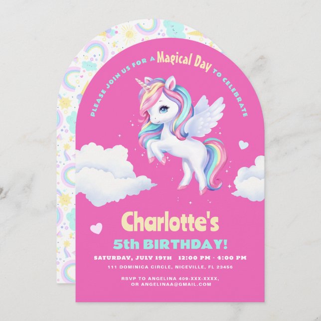Invitation fête d'anniversaire avec licorne. (Devant / Derrière)
