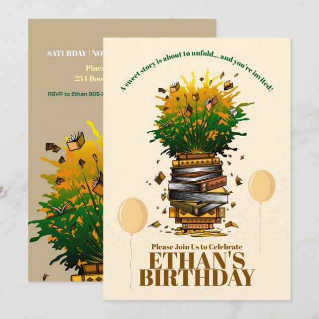 Invitation Fête d'anniversaire avec livres (Devant / Derrière)