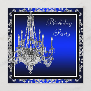 Invitation Fête d'anniversaire avec lustre en damas bleu roya