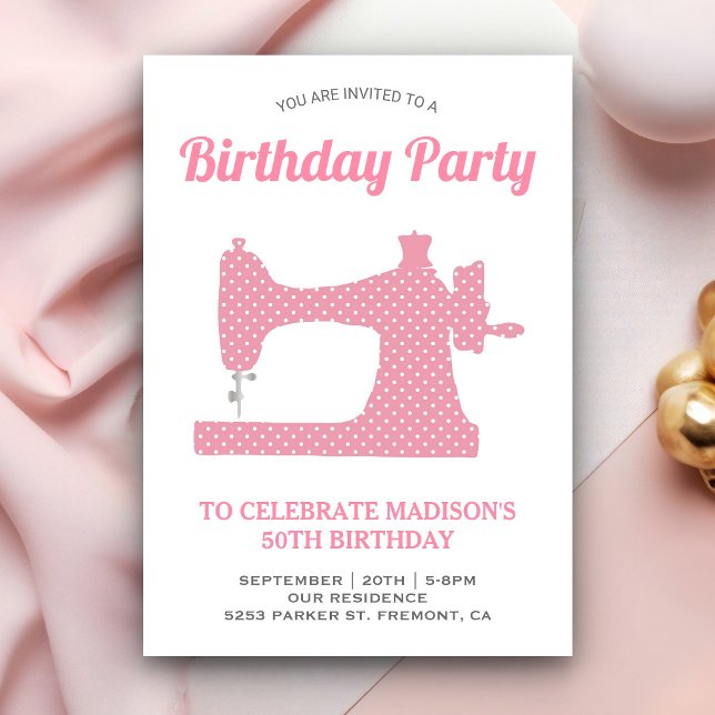 Invitation Fête d'anniversaire avec machine à coudre rose (Créateur téléchargé)