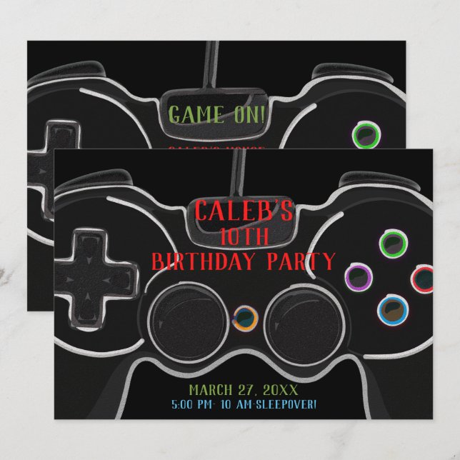 Invitation Fête d'anniversaire avec manette de jeu vidéo noir (Devant / Derrière)