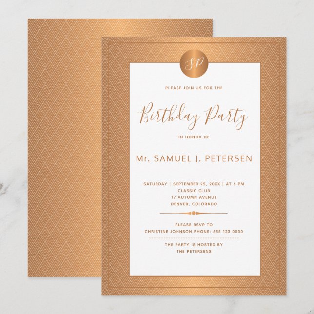 Invitation Fête d'anniversaire avec monogramme blanc métallis (Devant / Derrière)