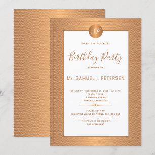 Invitation Fête d'anniversaire avec monogramme blanc métallis