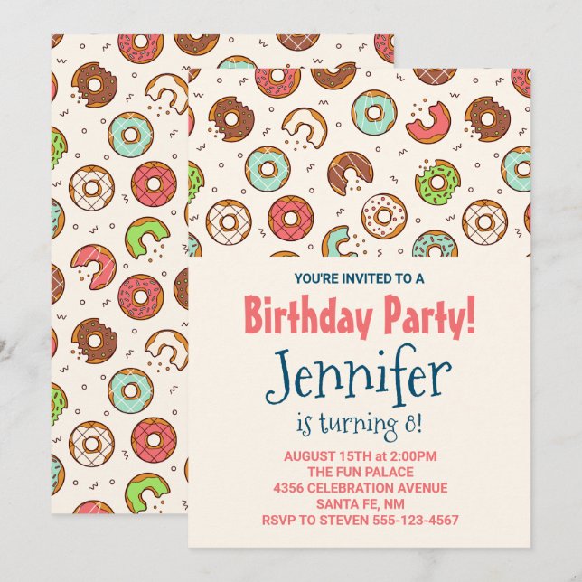 Invitation Fête d'anniversaire avec motif de beignet mignon d (Devant / Derrière)