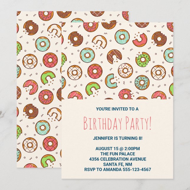 Invitation Fête d'anniversaire avec motif de beignet mignon d (Devant / Derrière)