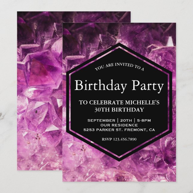 Invitation Fête d'anniversaire avec pierre précieuse d'améthy (Devant / Derrière)