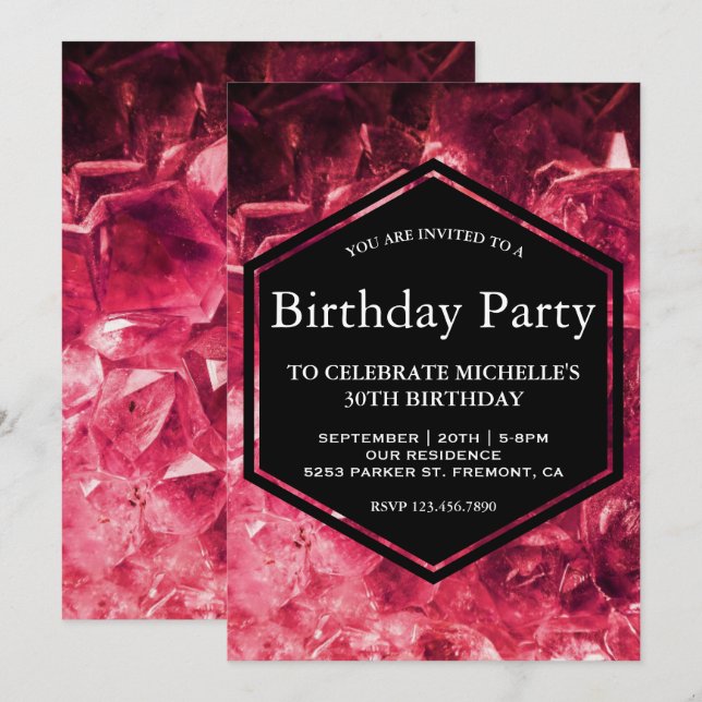 Invitation Fête d'anniversaire avec pierre précieuse rouge ru (Devant / Derrière)