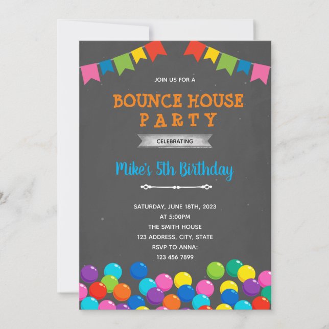 Invitation Fête d'anniversaire avec piscine à boules et maiso (Devant)