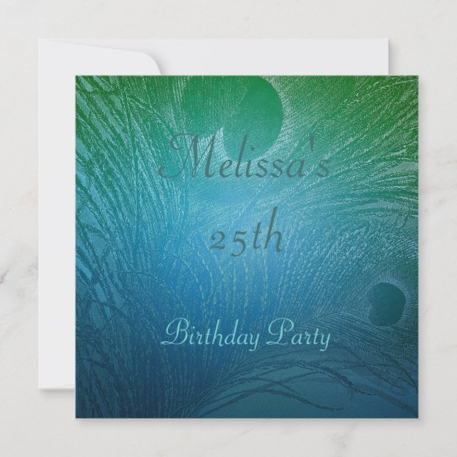 Invitation Fête d'anniversaire avec plume de paon bleue et ve (Devant)