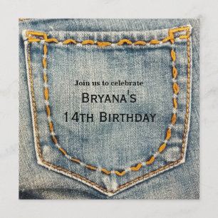 Invitation Fête d'anniversaire avec poche cousue en jean deni