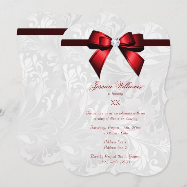 Invitation Fête d'anniversaire avec ruban rouge diamant et da (Devant / Derrière)