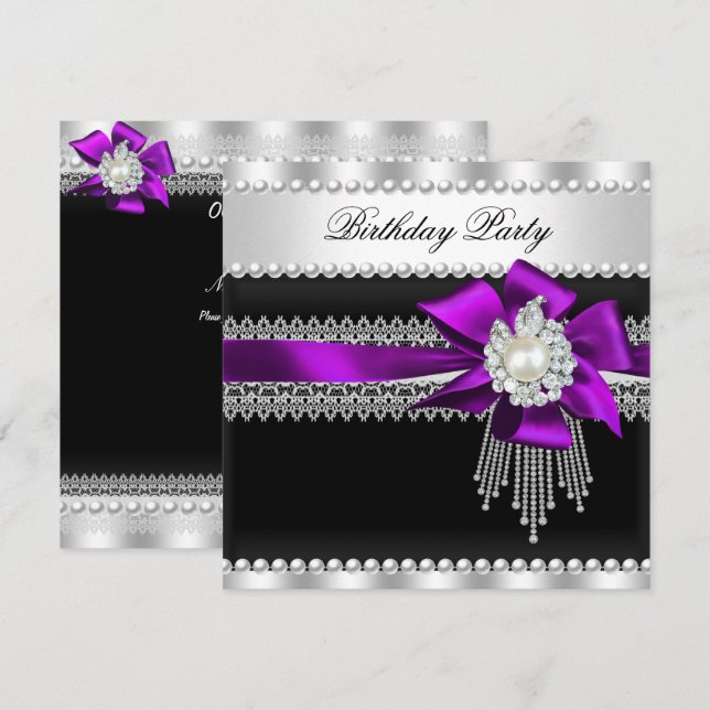 Invitation Fête d'anniversaire avec ruban violet et perle noi (Devant / Derrière)