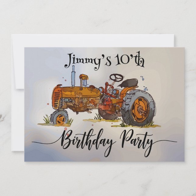 Invitation Fête d'anniversaire avec tracteur antique design (Devant)