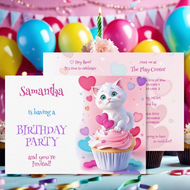 Invitation Fête d'anniversaire avec un adorable chaton blanc  (Créateur téléchargé)