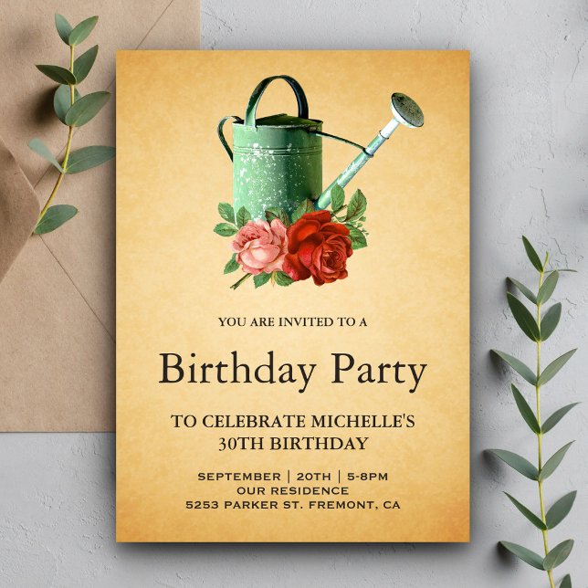 Invitation Fête d'anniversaire avec un arrosoir floral de jar (Créateur téléchargé)