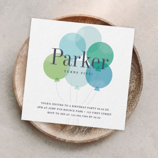 Invitation Fête d'anniversaire avec un bouquet de ballons mod (Modern colorful balloons boys birthday party invitation.)