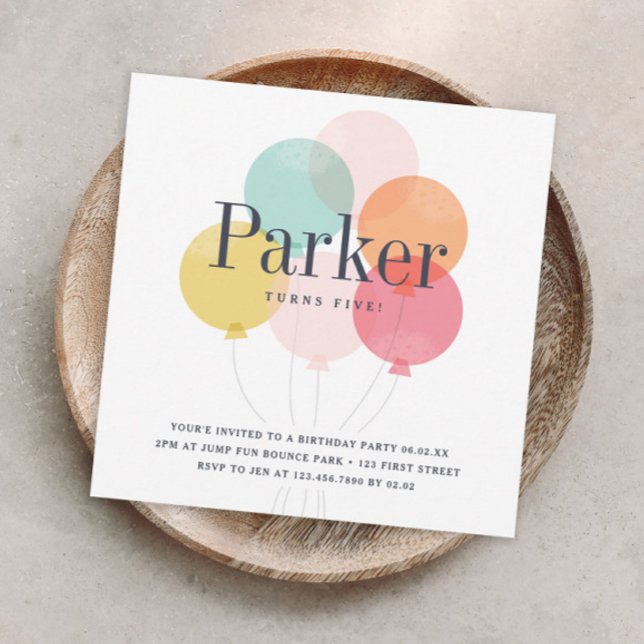 Invitation Fête d'anniversaire avec un bouquet de ballons mod (Modern colorful balloons kids birthday party invitation.)