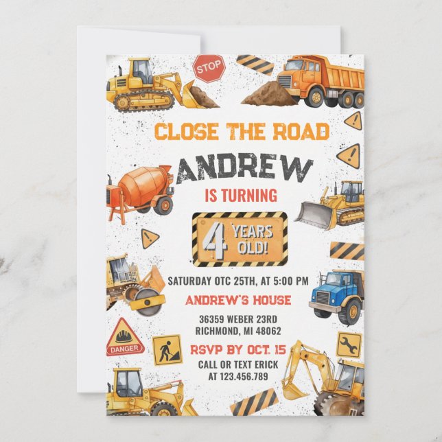 Invitation Fête d'anniversaire avec un camion de chantier per (Devant)