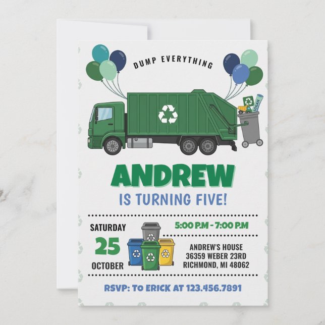 Invitation Fête d'anniversaire avec un camion de décharge mod (Devant)