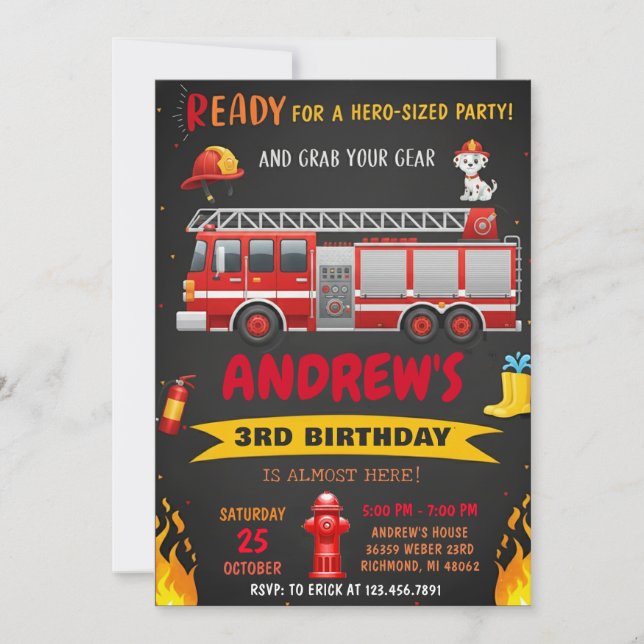 Invitation Fête d'anniversaire avec un camion de pompiers mod (Devant)