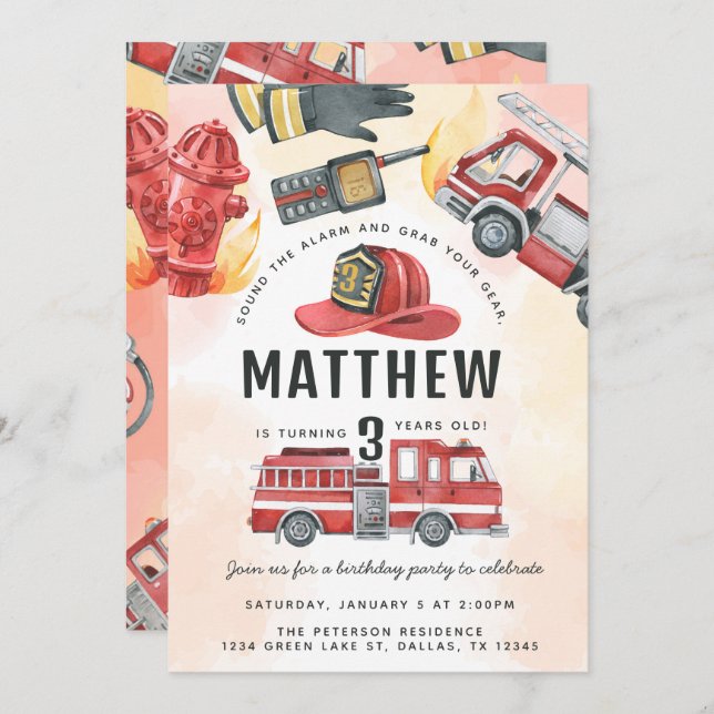 Invitation Fête d'anniversaire avec un camion de pompiers rou (Devant / Derrière)