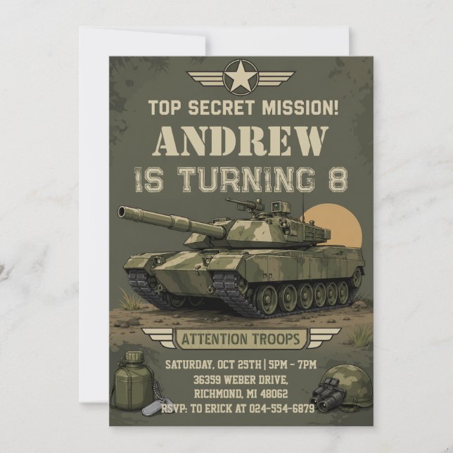 Invitation Fête d'anniversaire avec un char militaire de l'ar (Devant)