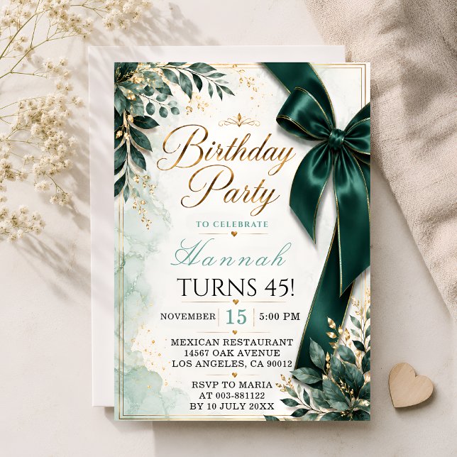 Invitation Fête d'anniversaire avec un élégant nœud vert émer (Créateur téléchargé)