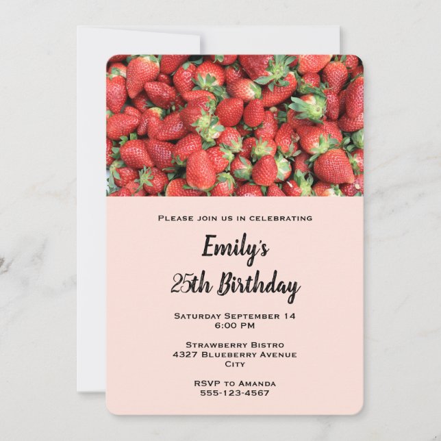 Invitation Fête d'anniversaire avec un lot de fraises rouges  (Devant)
