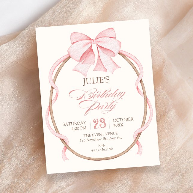 Invitation Fête d'anniversaire avec un nœud rose (Créateur téléchargé)