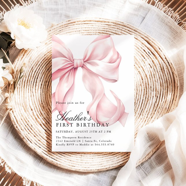 Invitation Fête d'anniversaire avec un nœud rose Coquette (Créateur téléchargé)