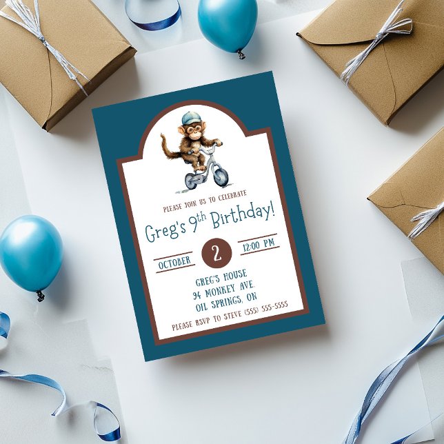 Invitation Fête d'anniversaire avec un singe mignon à vélo (Créateur téléchargé)