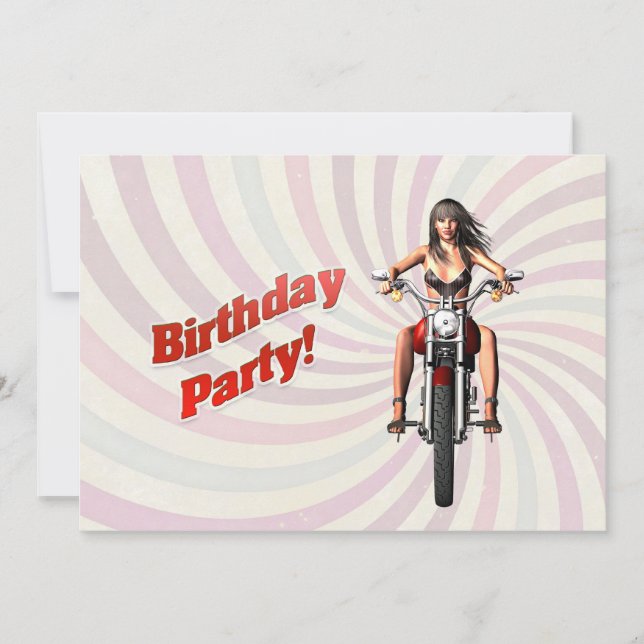 Invitation Fête d'anniversaire avec une fille en moto (Devant)
