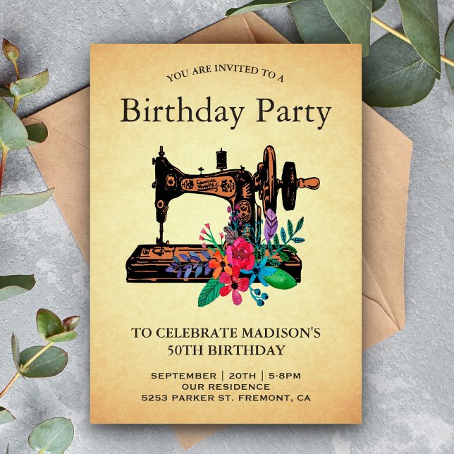 Invitation Fête d'anniversaire avec une machine à coudre flor (Créateur téléchargé)